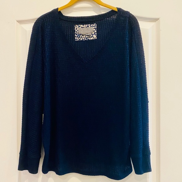 Anthropologie Blue Waffle Knit V Long Sleeve Neck Top Medium - Picture 2 of 10